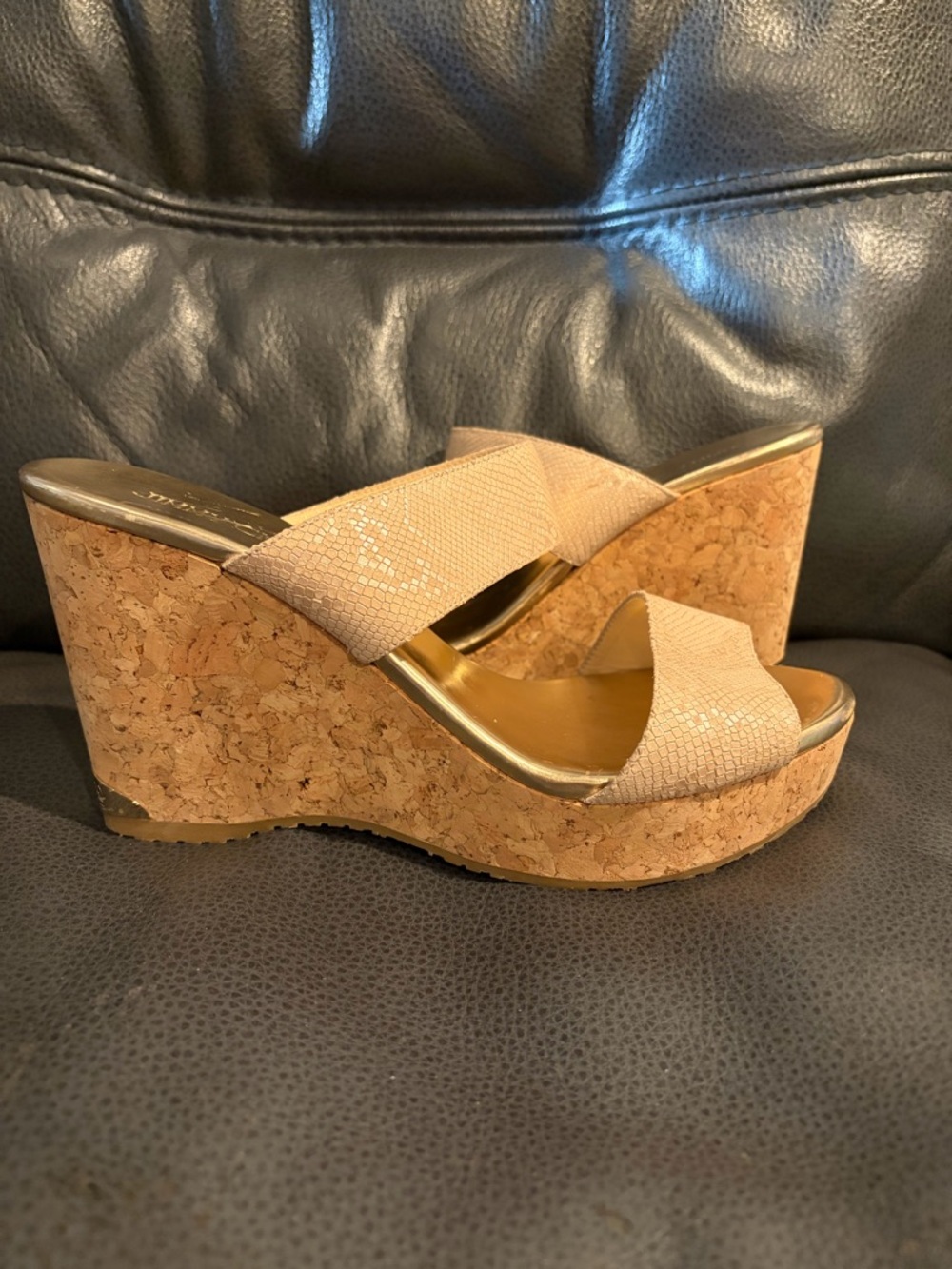Jimmy Choo Beige Textured Leather Cork Wedge Slides